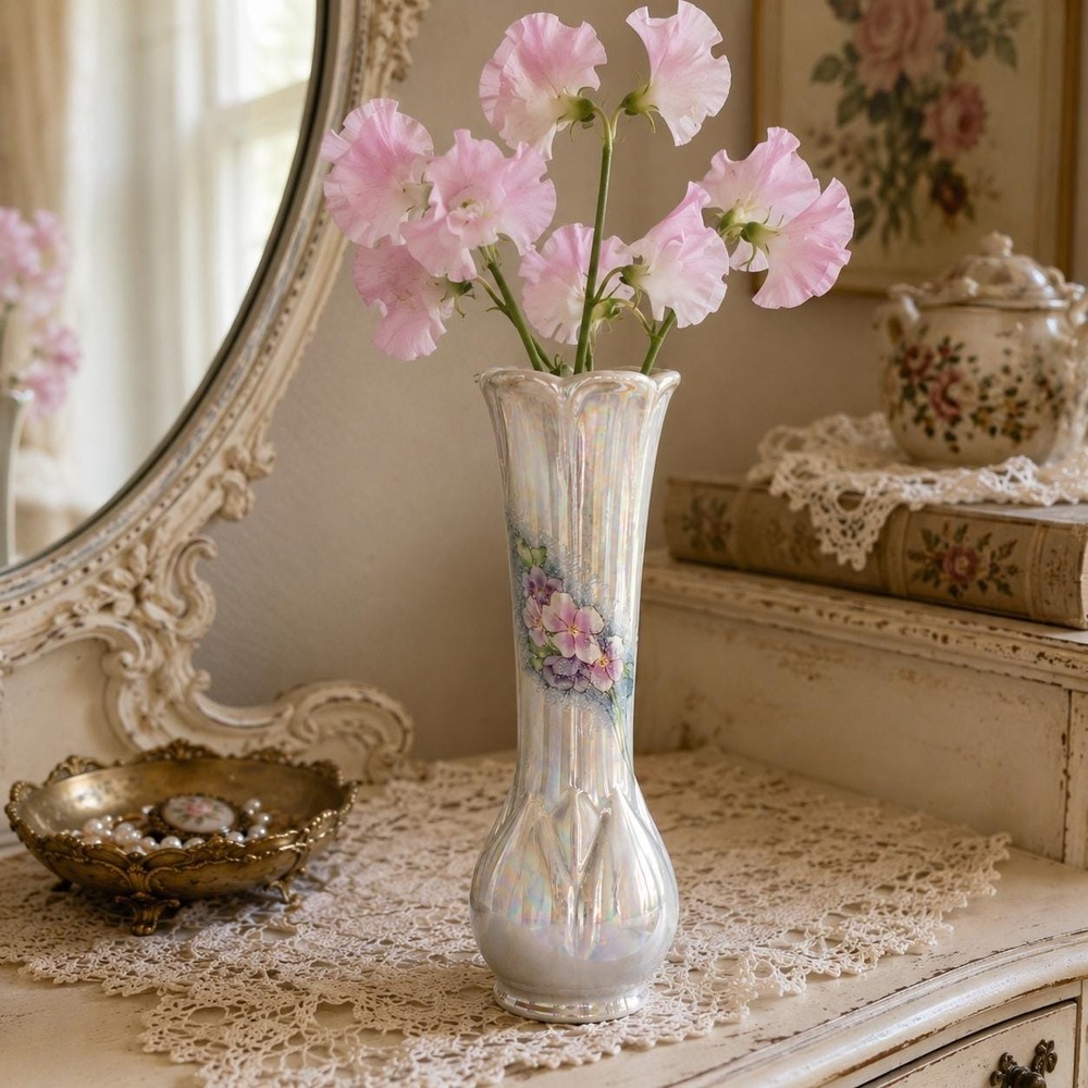 Pearl Luster Bud Vase Shabby Chic Nancy Pew Floral Vase 1970s Opalescent Pink